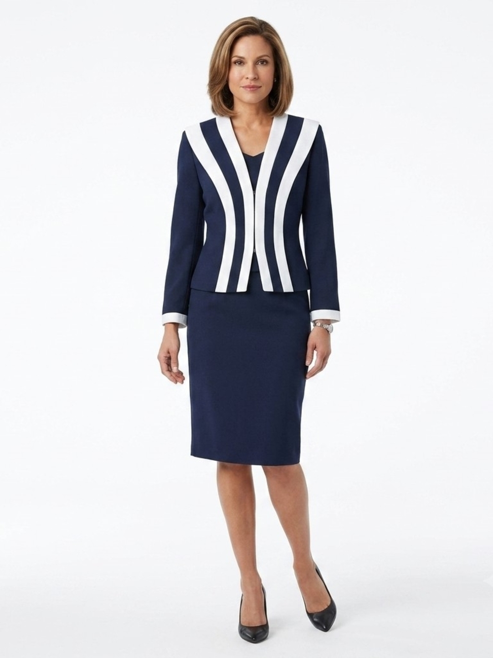 Vintage Ann Tobias Navy 2-Piece Skirt Suit White Stripe Trim Size 8 USA Made